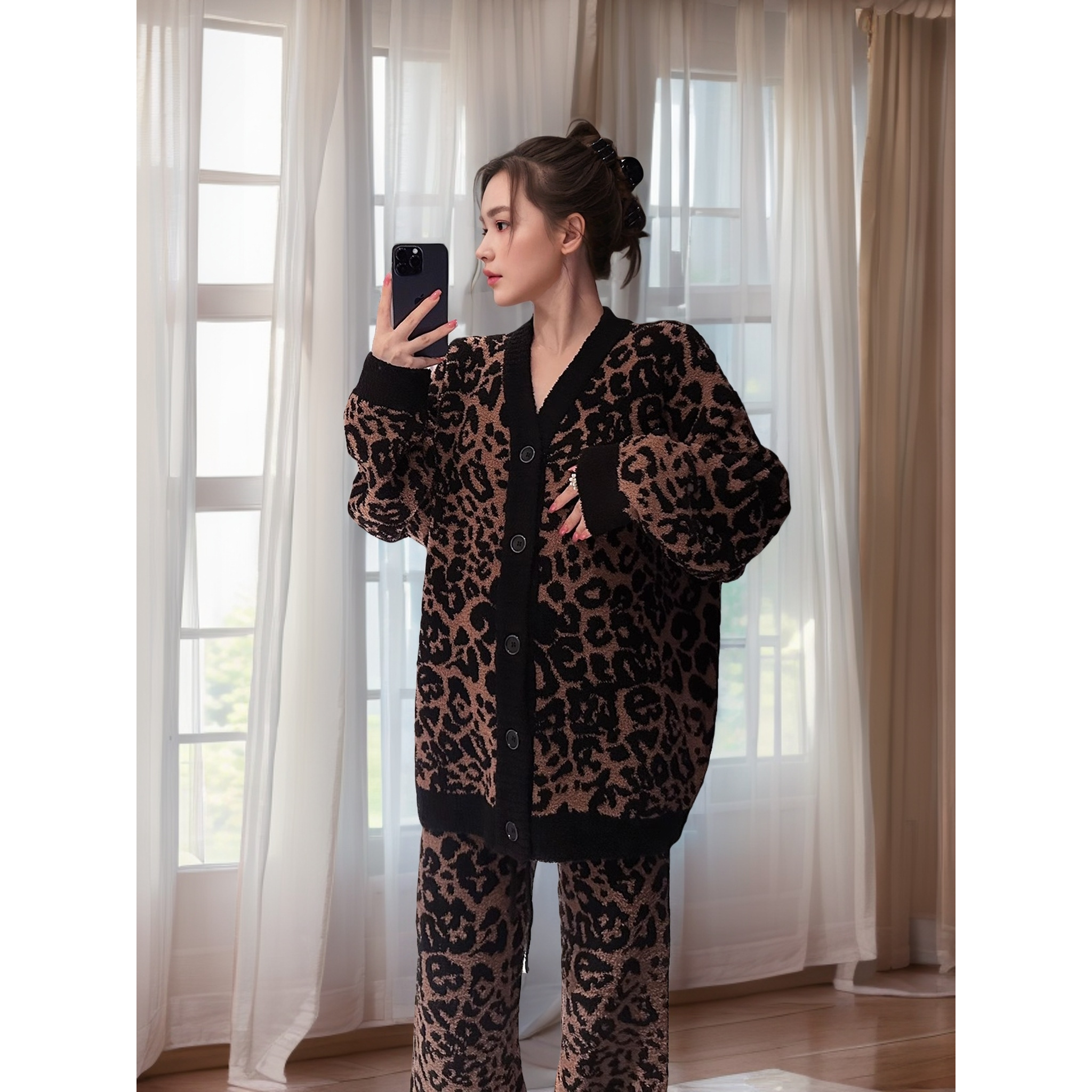 秋冬新款爆款豹纹睡衣女针织半边绒加绒网红居家服套装可外穿加厚