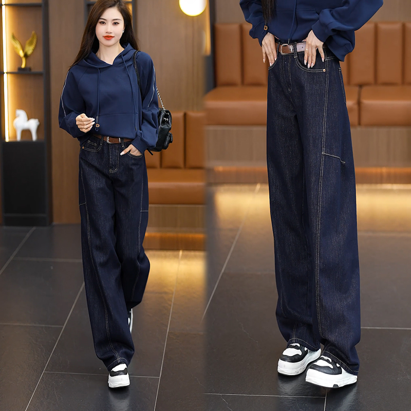 2025秋冬新款阔腿裤时尚牛仔直筒裤女百搭减龄深蓝加绒加厚牛仔裤