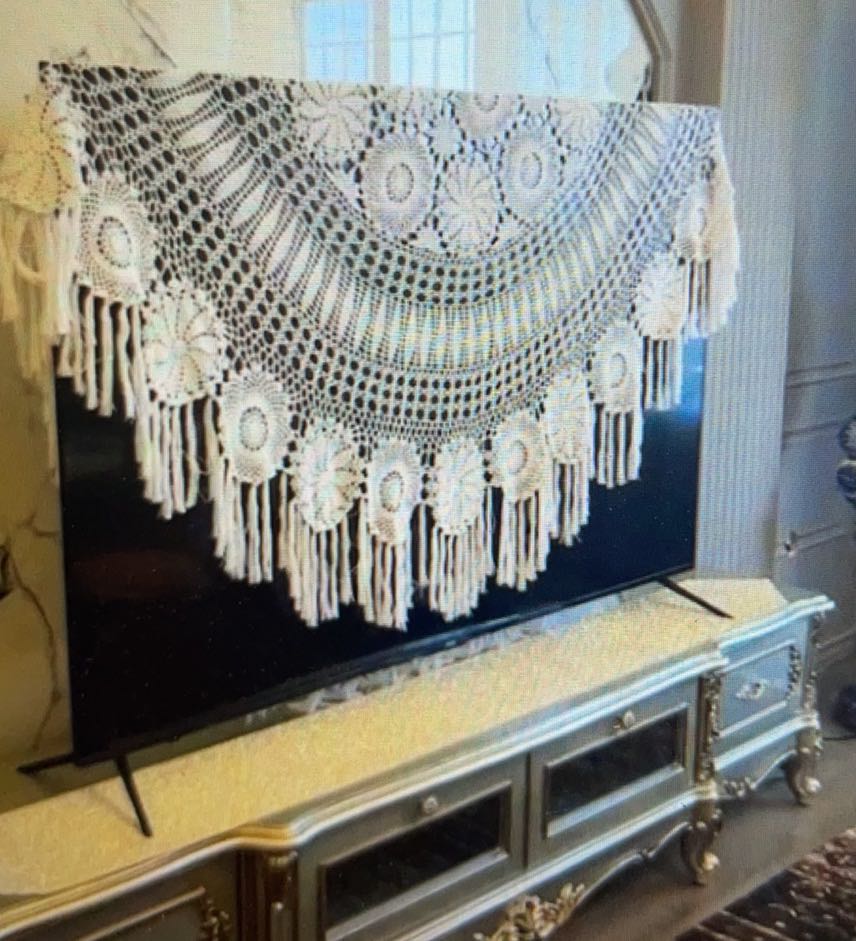 纯手工纯棉钩针展示长流苏花型电视圆桌方桌盖一年四季通用床盖