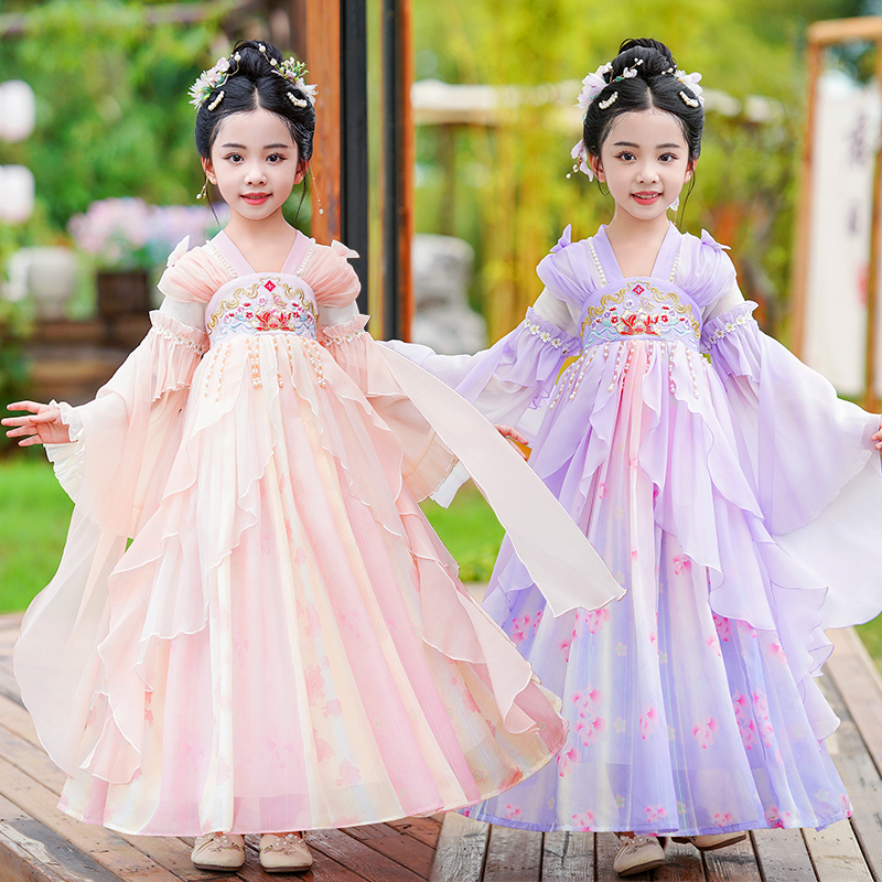 hls8803汉服女童中国风长袖襦裙装古风唐装连衣公主裙子春秋款