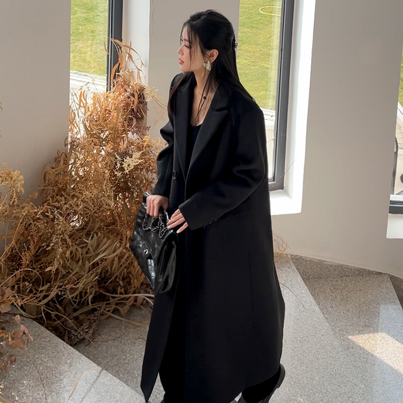 爆款2025新款西装毛呢大衣赫本风秋冬黑色长款大衣高个子大码外套