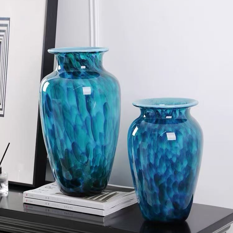 大号现代轻奢落地厚重琉璃大花瓶摆件客厅插花水样高档孔雀蓝花瓶