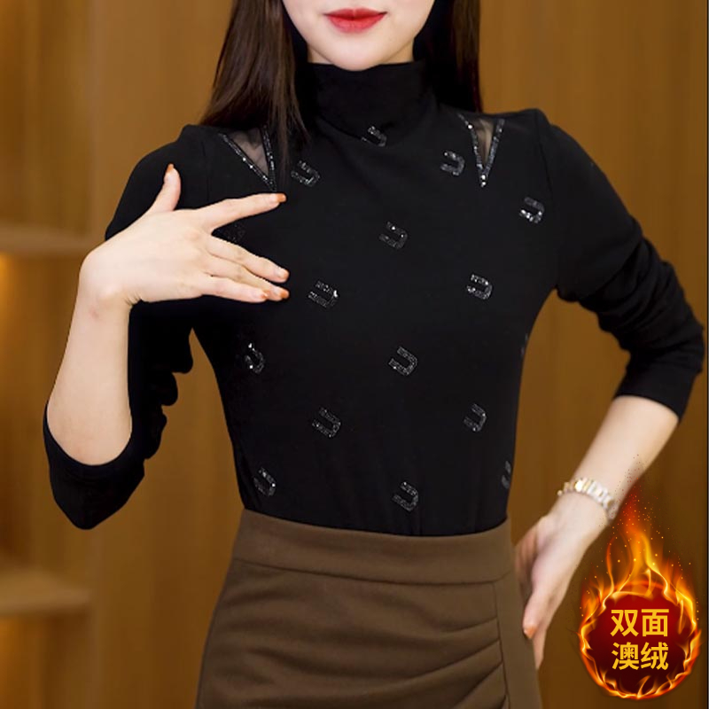 冬季2025双面澳绒加厚保暖长袖镂空显瘦半高领长袖打底上衣外穿