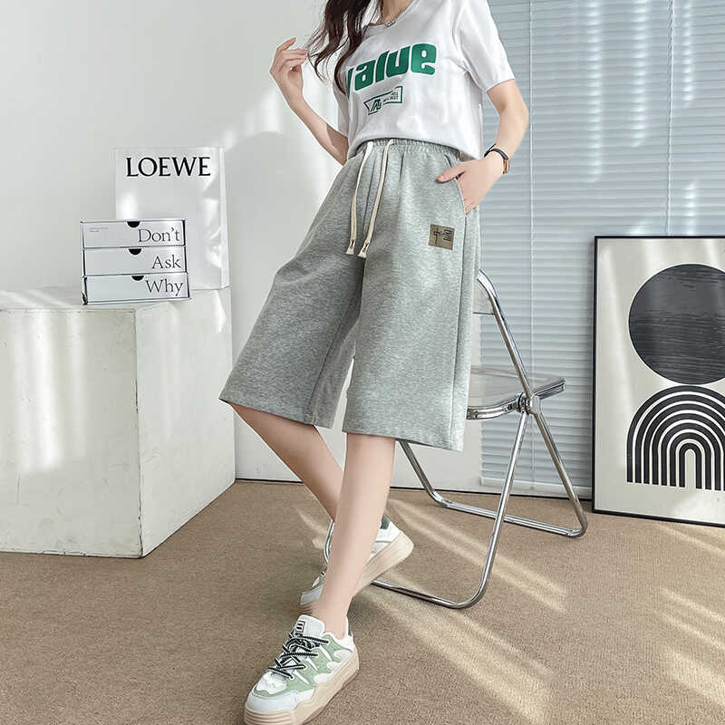 棉七分运动裤女夏季薄款2025新款高腰垂感宽松大码中学生阔腿裤