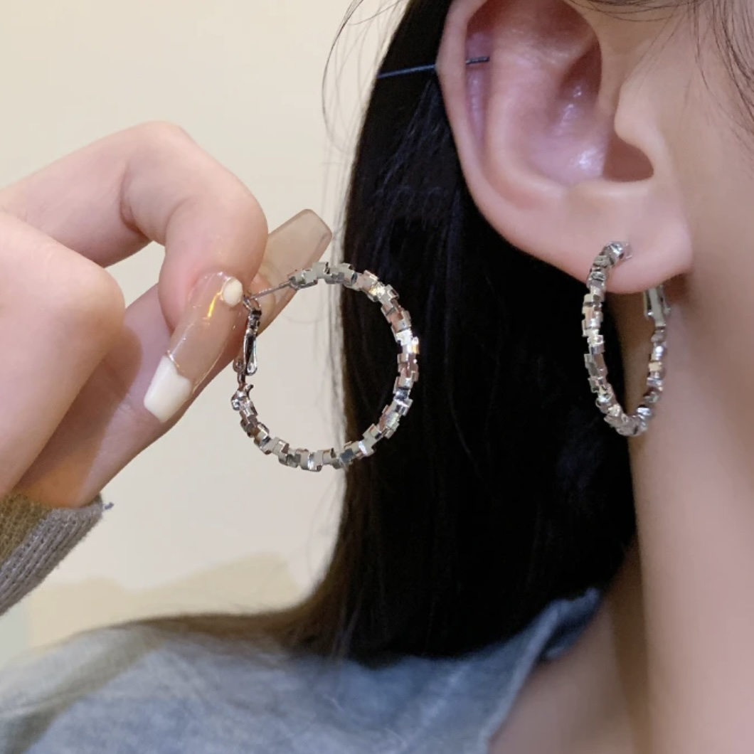 铜合金耳饰 925银针时尚气质秋冬质感耳环女新款高级感碎银子耳圈