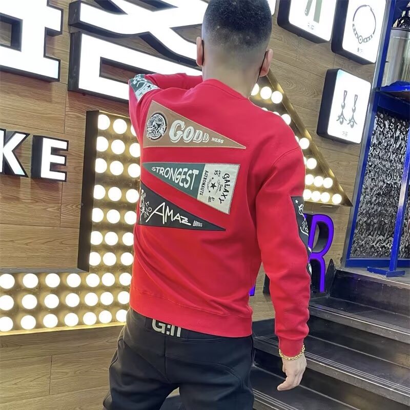 网红潮牌卫衣男2025秋冬季青年帅气圆领长袖潮流痞帅加绒印花上衣