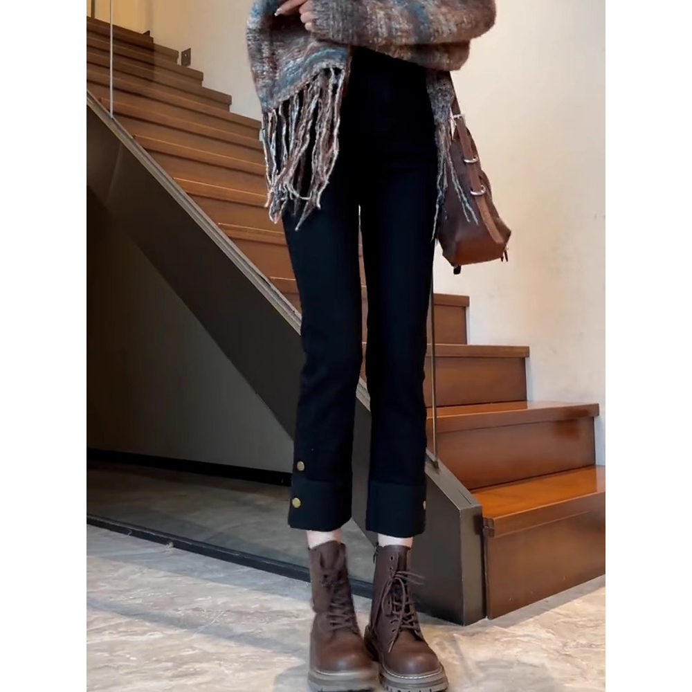 大码黑色高腰弹力直筒牛仔裤女早秋新款烟管裤女胖mm大腿粗屁股大