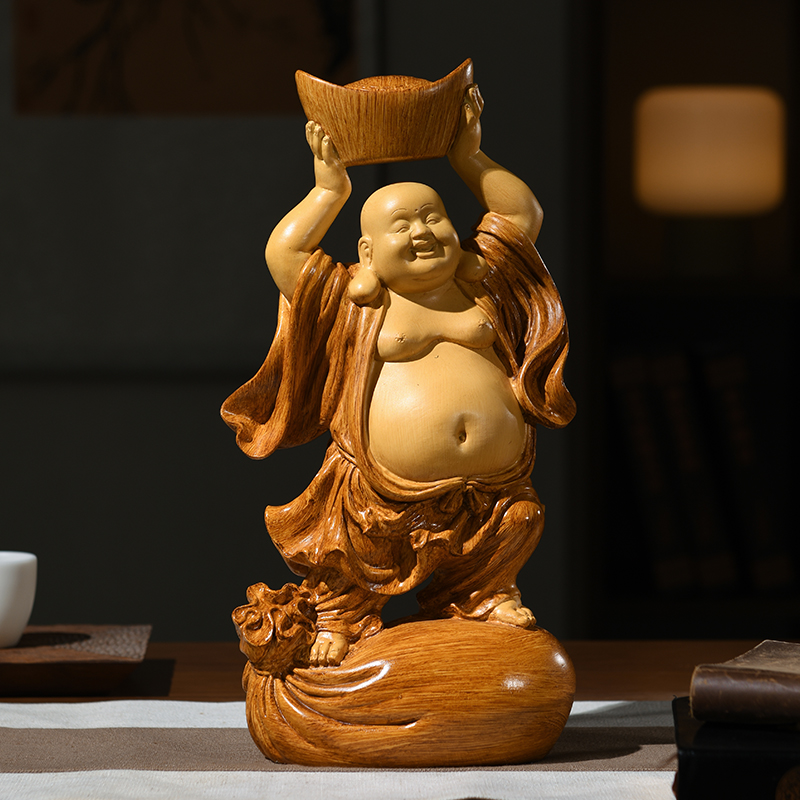 元宝弥勒佛摆件佛像大肚笑佛仿木雕像工艺品客厅茶室装饰开业送礼