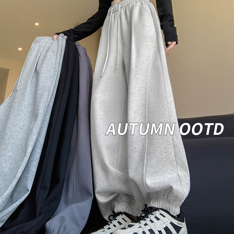 2025新款灰色高腰显瘦运动裤女春秋冬百搭束脚加绒阔腿裤休闲卫裤