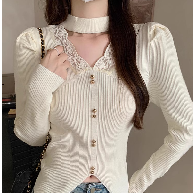 v领镂空蕾丝针织衫女2024年秋季新款小个子韩版纯欲打底内搭毛衣