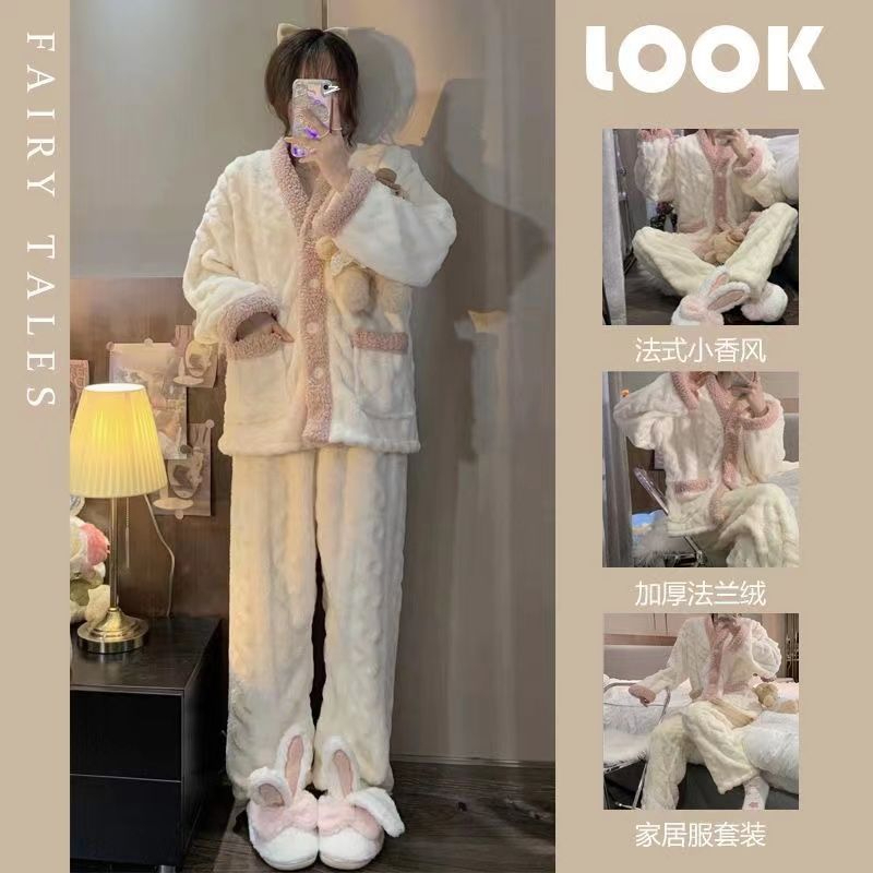 珊瑚绒睡衣女新款开衫冬季加厚加绒舒适法兰绒秋冬保暖家居服套装