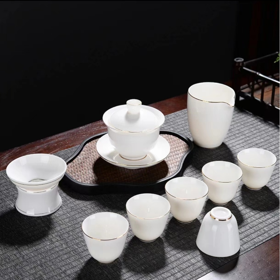 描金边羊脂玉素烧白瓷茶具套装便携茶具礼盒旅行懒人茶具茶杯陶瓷