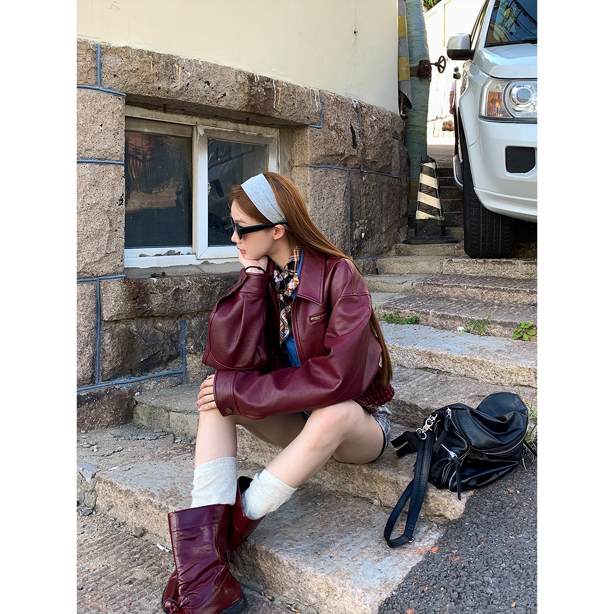 ffcheer 曼尼时差 美式复古红色皮衣外套女 短款洋气气质机车夹克
