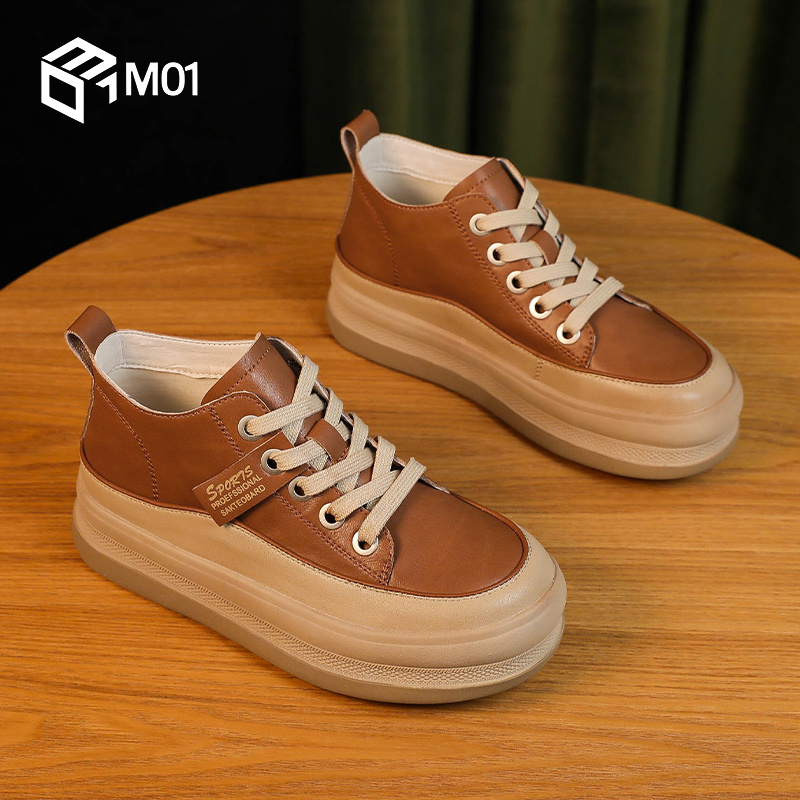 M01厚底板鞋女2025春季松糕真皮复古运动休闲鞋单鞋软底软面女鞋