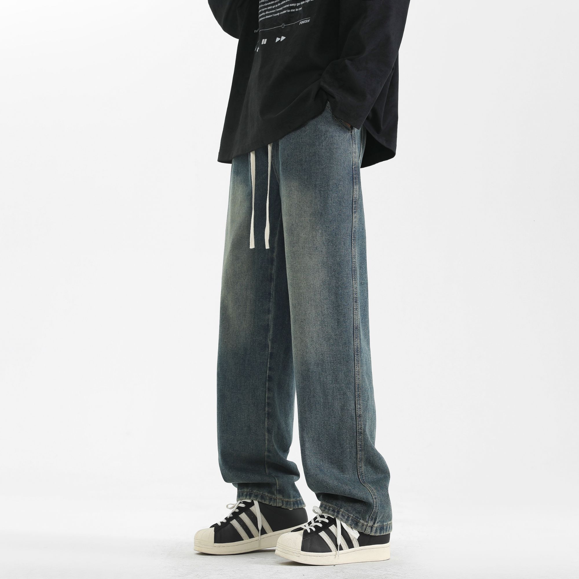 【热销29万】牛仔裤显高显瘦宽松潮牌松紧腰百搭直筒港风高街休闲