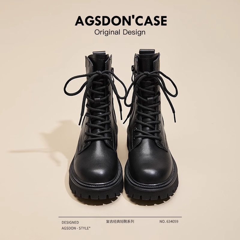 奥古狮登黑色马丁靴女款2025新款秋季单靴英伦风短靴子厚底机车靴