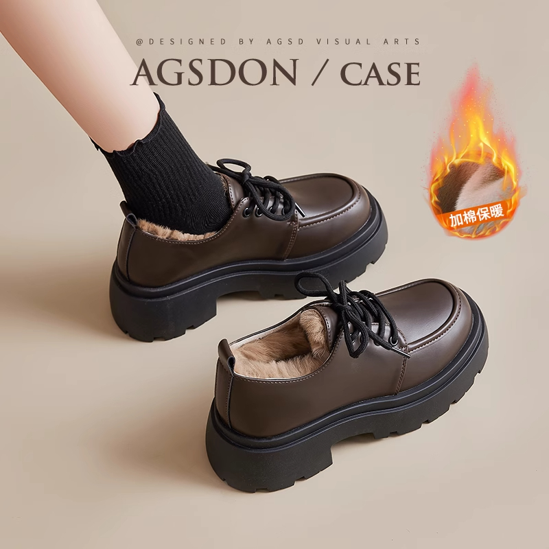 奥古狮登加绒小皮鞋女2025新款冬季女鞋棉鞋英伦风厚底保暖乐福鞋