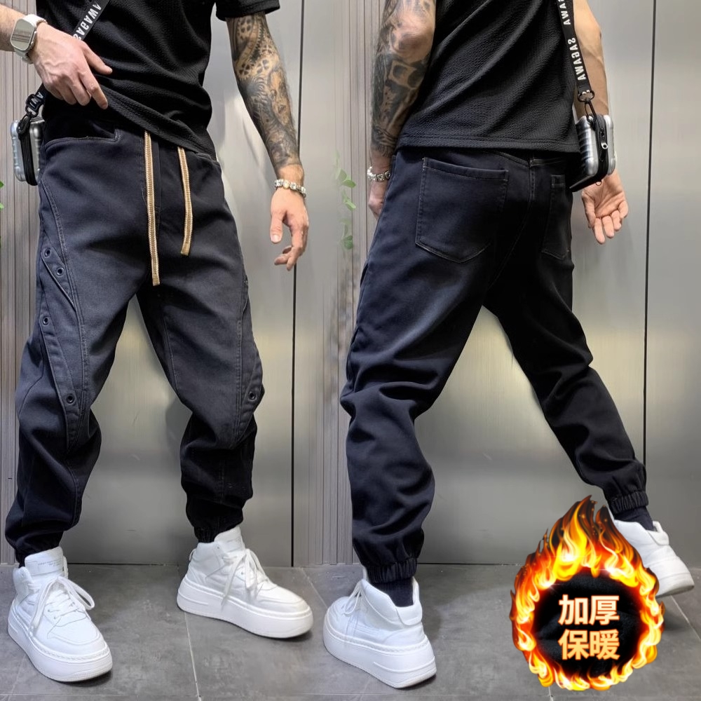 秋冬男牛仔裤痞帅潮流牛仔裤新款休闲裤百搭宽松加绒裤加厚裤子