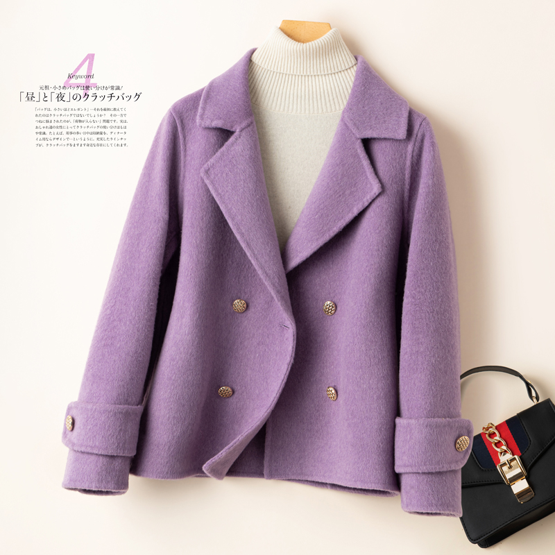 新款双面羊毛大衣女双排扣西装领小香风修身小个子百搭羊毛呢外套