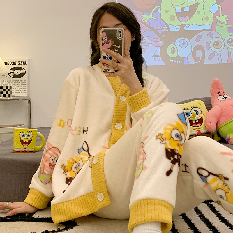 海绵宝宝80-200斤胖mm秋冬法兰绒加大码睡衣女冬季休闲家居服套装