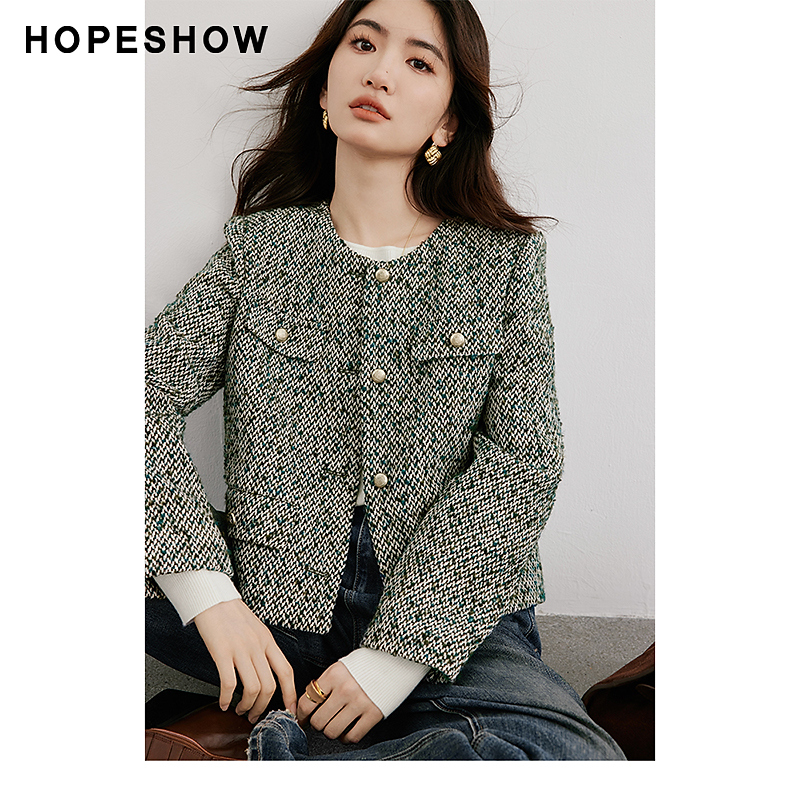 红袖秋季2025新款女装 肌理感箱型单排扣圆领外套90124320411