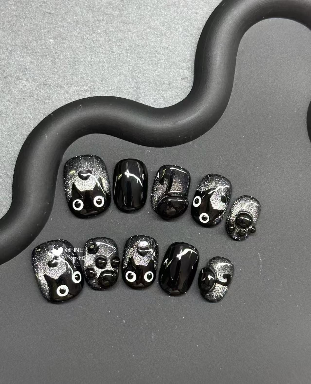 【暮夜猫咪】纯手工穿戴甲可反复穿戴手绘小黑猫暗夜精灵甜酷个性