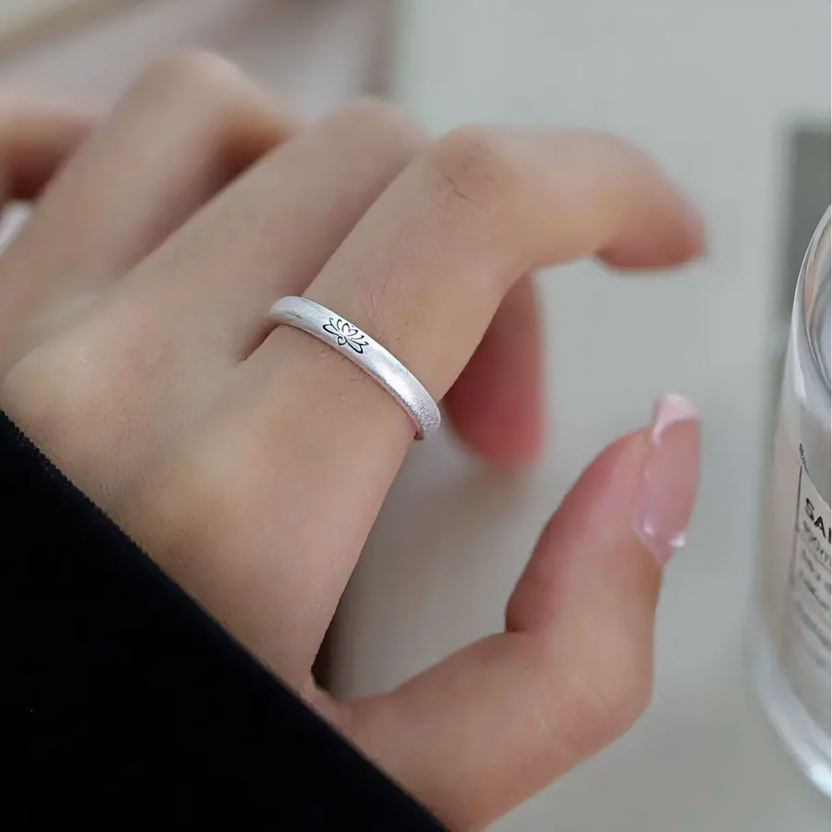 足银戒指 纯银莲花戒指女民族风设计感简约古法素款磨砂时尚素圈