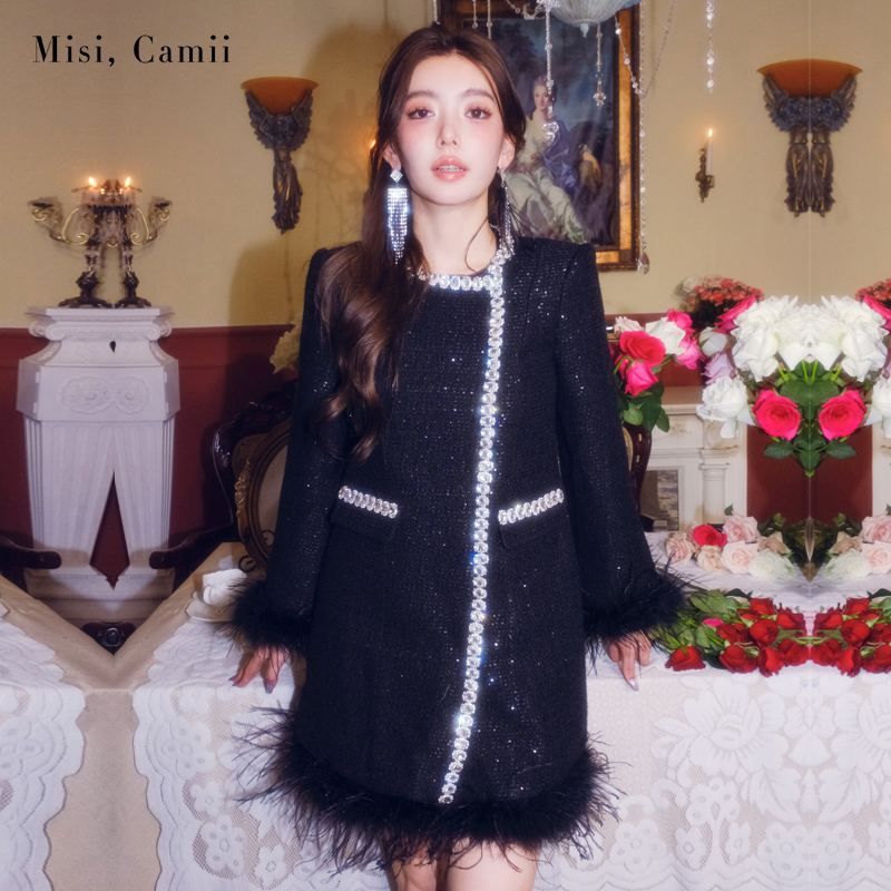 Misi,Camii【破价款】秋冬女士气质重工钻饰珠片花呢黑色中长款外套