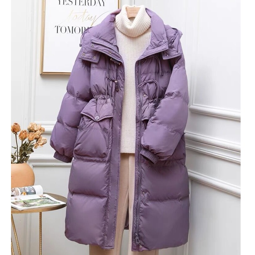 2025年新款韩版收腰显瘦中长款过膝羽绒服女时尚连帽冬白鸭绒外套