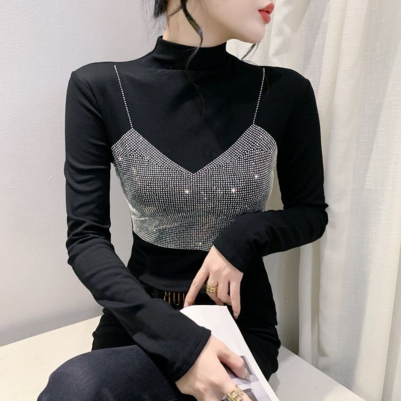 5502重工烫钻长袖打底衫女t恤春秋冬新款半高领内搭精致百搭上衣