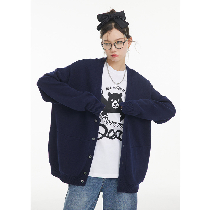 羊毛针织开衫女长袖宽松外套休闲韩版打底上衣慵懒风百搭蓝色毛衣