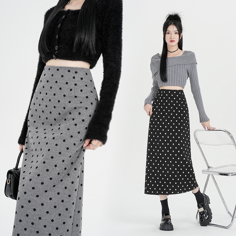 2025秋冬毛呢波点复古半身裙女气质开叉高腰显廋直筒中长包臀裙