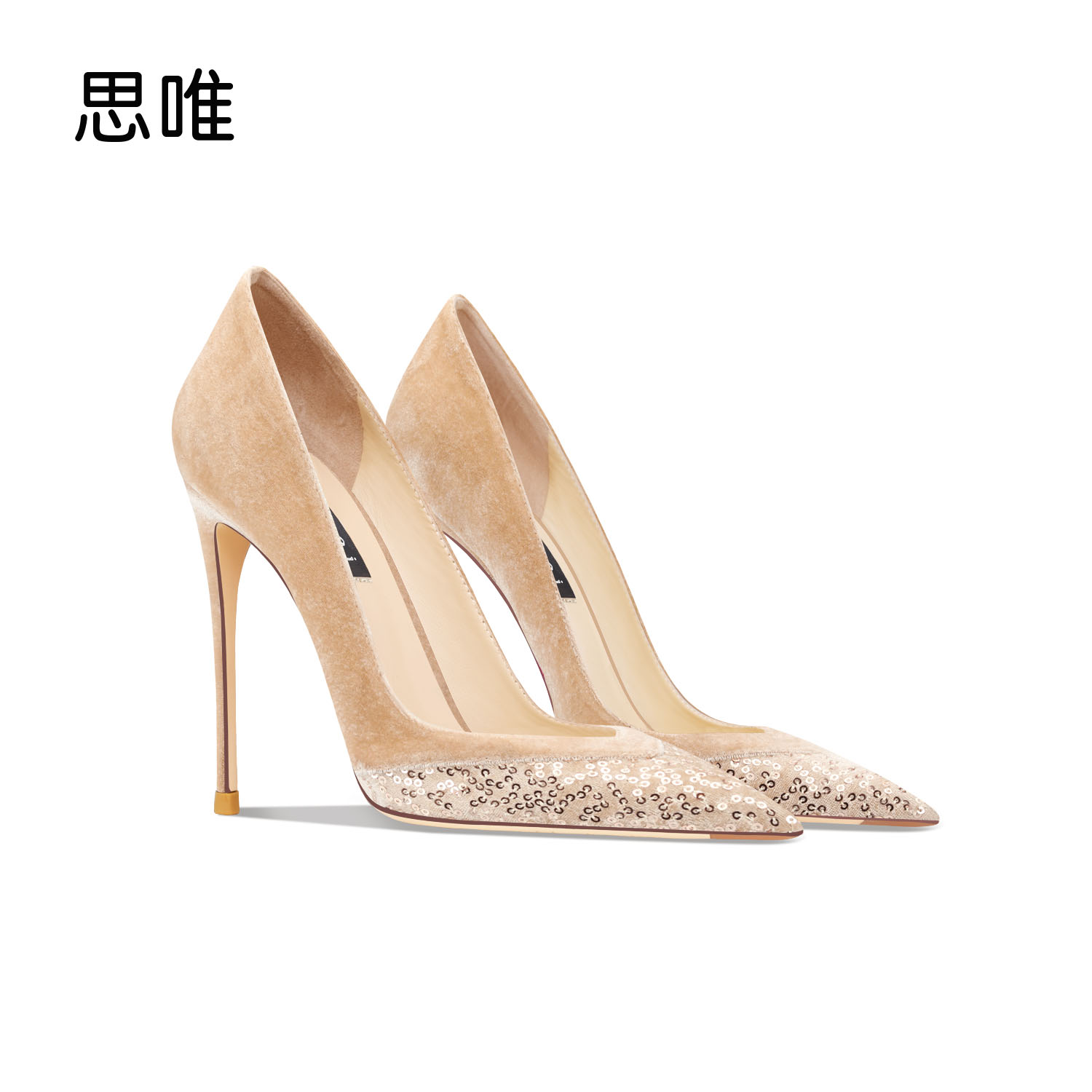 思唯裸色绒面V口亮片拼接高跟鞋女2024年新款洋气性感宴会单跟鞋
