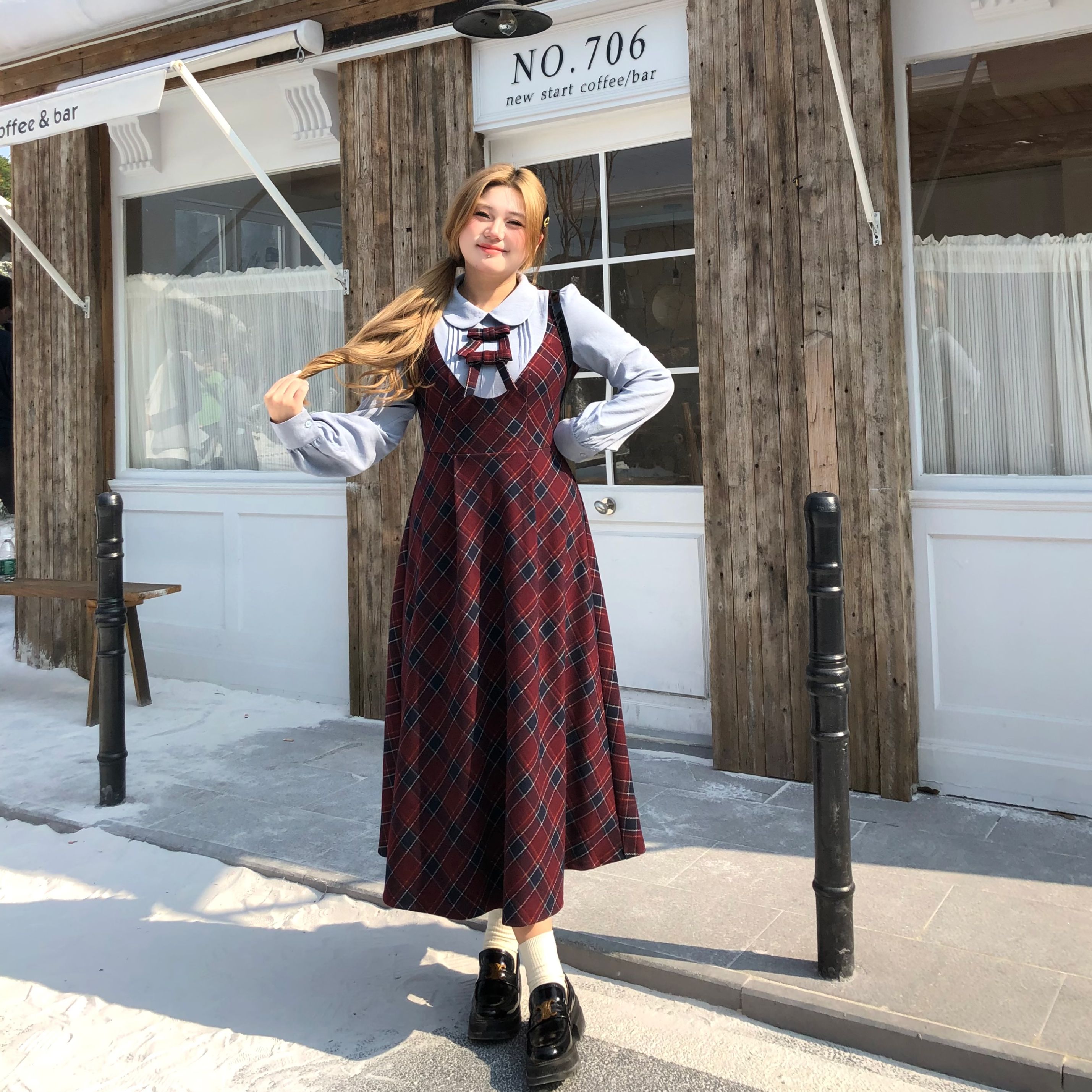 安妮不火日常长袖新款学院风显瘦复古格纹假两件连衣裙A243Q0511