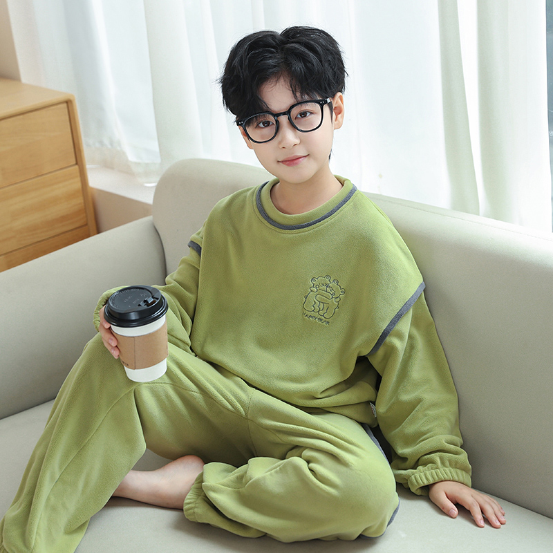 25年秋冬季男童珊瑚绒睡衣家居服套装可外穿儿童大童帅气二棉薄绒