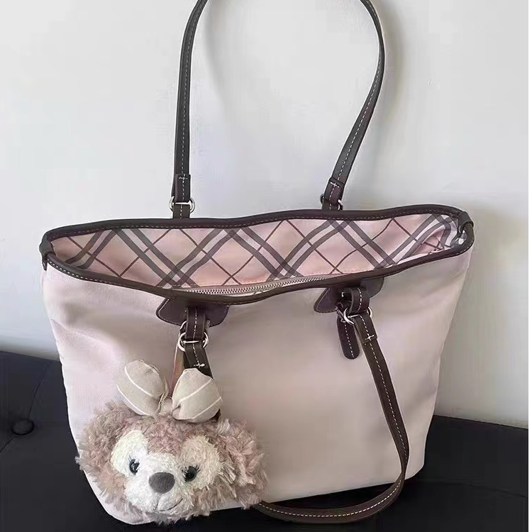 复古简约格纹粉色托特包时尚甜美慵懒风手提包大容量高颜值腋下包