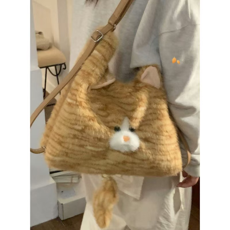 狸花猫毛绒包包女冬季2025新款潮时尚可爱双肩包休闲大容量托特包