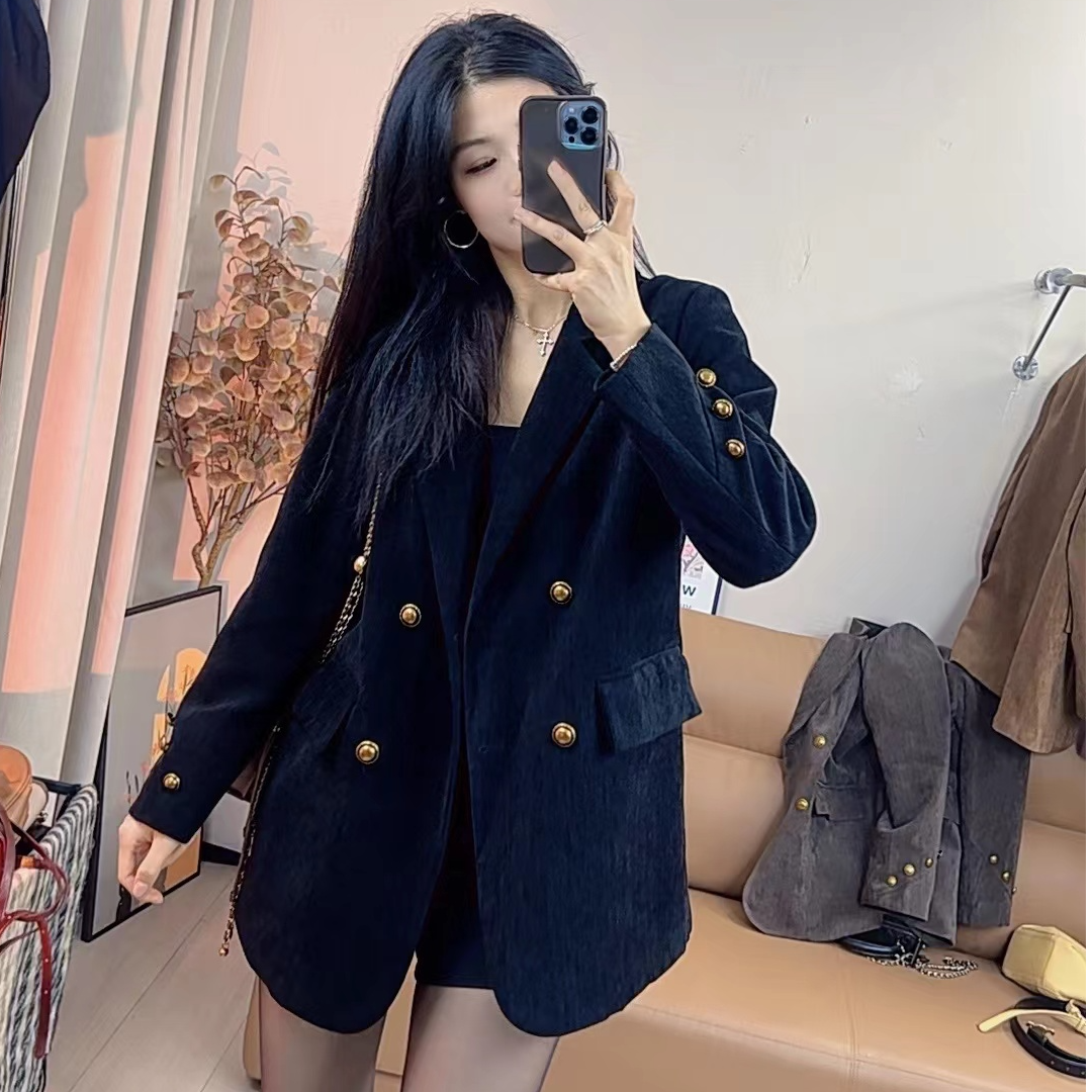 雪尼尔休闲韩版气质黑色西装外套2025秋冬新款女装宽松高级感西服