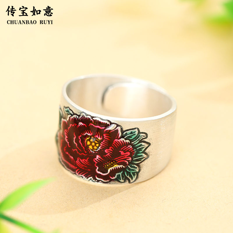 足银戒指 银戒指女纯银99足银景泰蓝珐琅彩富贵牡丹食指开口指环
