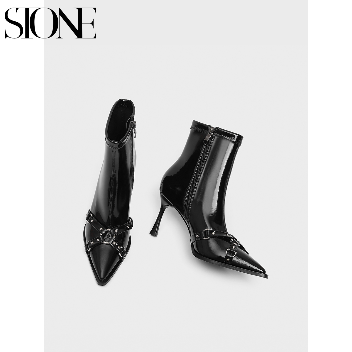 石头家黑色漆皮高跟短靴女铆钉尖头细跟马丁靴高级感配大衣的靴子