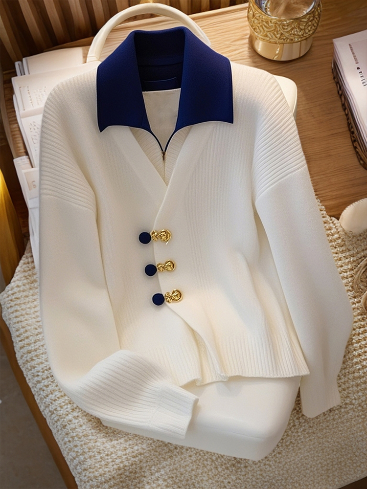 2024秋季白色假两件针织衫上衣女设计感小众高级感气质小香风毛衣