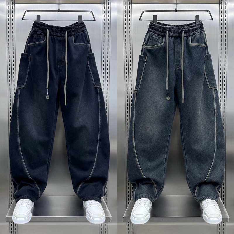 QingM秋冬款保暖加绒牛仔裤男士潮牌弯刀裤美式休闲裤水洗工装裤