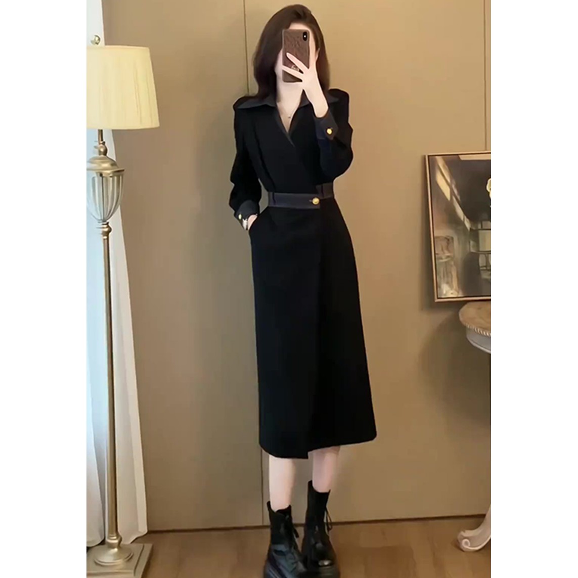 春秋法式气质长裙高端御姐风收腰显瘦长袖连衣裙子女高级感小黑裙