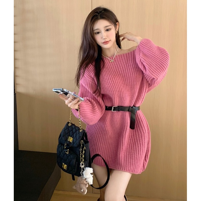 甜美风减龄长袖针织衫女秋冬气质慵懒露肩辣妹毛衣裙下衣失踪上衣