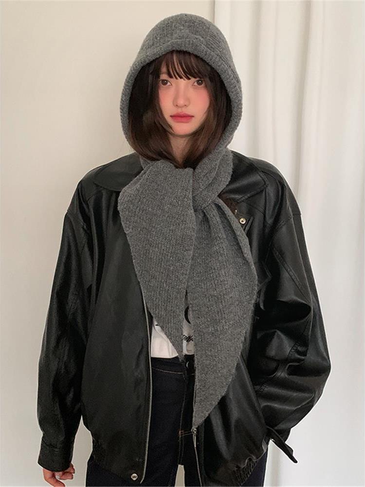 含羊毛秋冬连帽子围巾一体式保暖护耳时髦毛线帽女针织护颈围脖灰