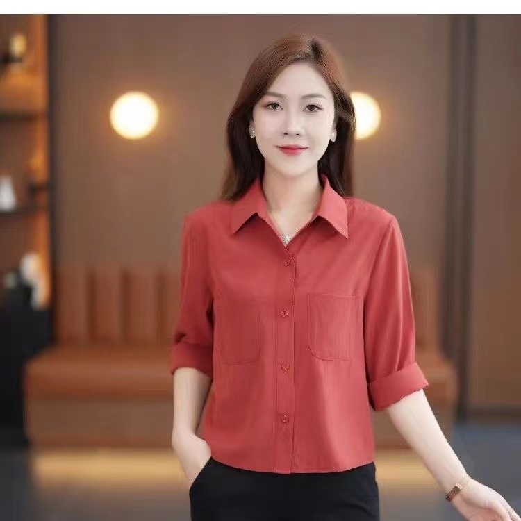 2024春季新款长袖上衣时尚短款气质小个子洋气衬衫衬衣妈妈装女装