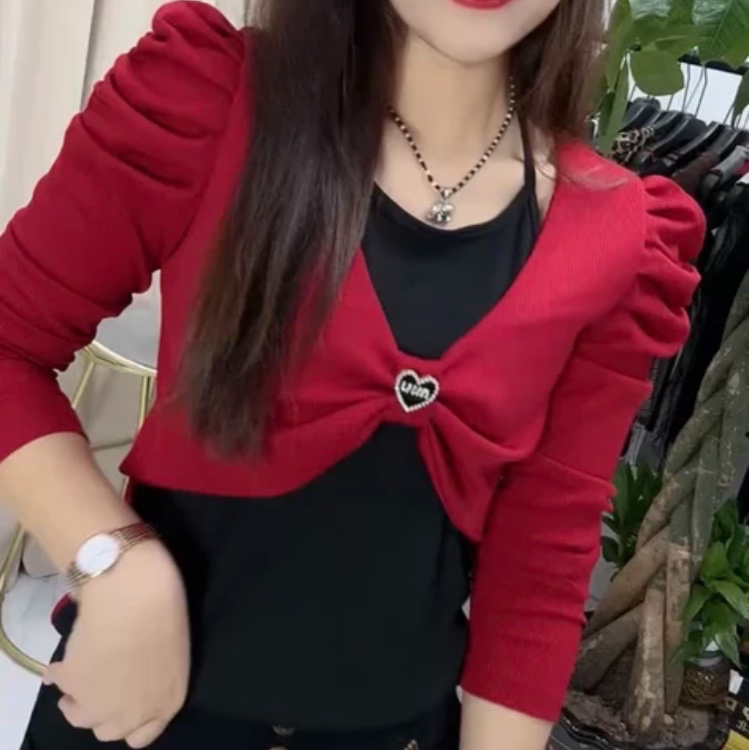 888款时尚减龄假两件上衣长袖打底衫拼接蝴蝶结显瘦上衣
