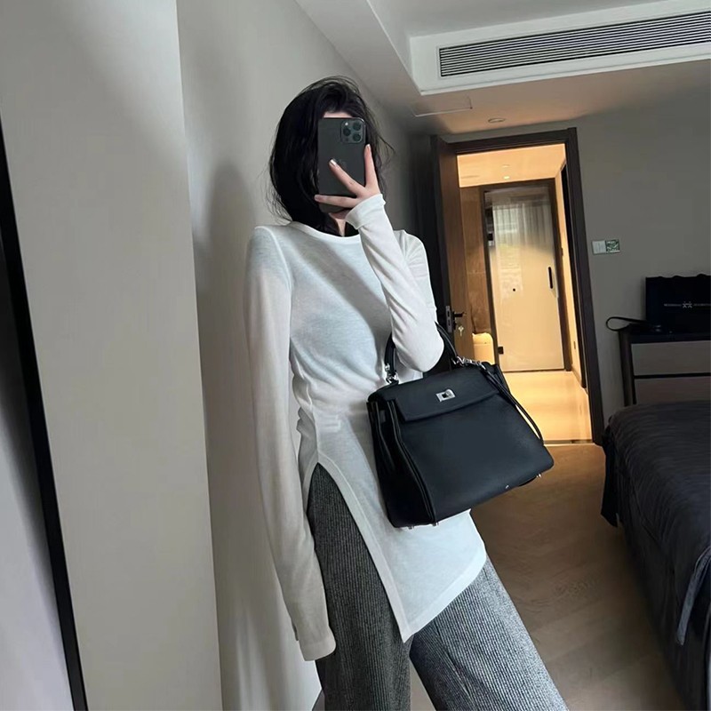 秋冬长袖打底衫女中长款遮屁股修身显瘦简约内搭开叉圆领上衣T恤