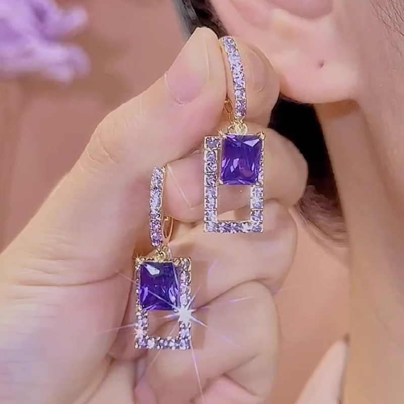 合金耳饰 高级感气质超闪紫色几何轻奢耳扣精致小众设计时髦耳环