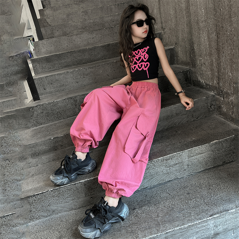 女童背心爵士舞套装2025新时髦工装裤儿童街舞蹈服洋气走秀演出服